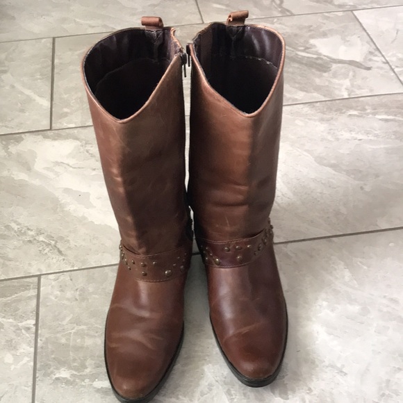 BROWN Leather Studded Strap Mid Calf Boots | Women |  7 - Picture 7 of 16